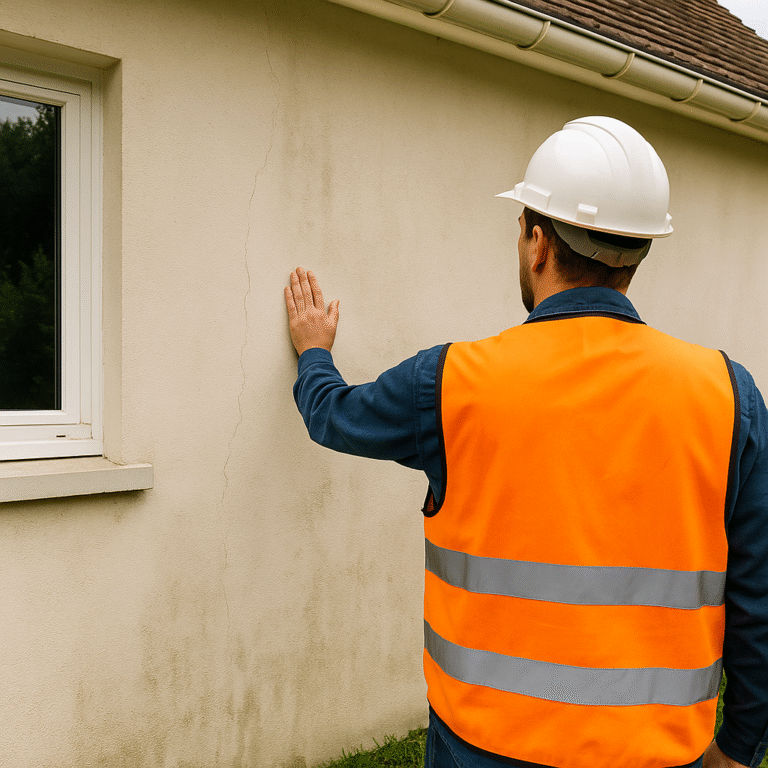 Homme inspectant une fissure murale.