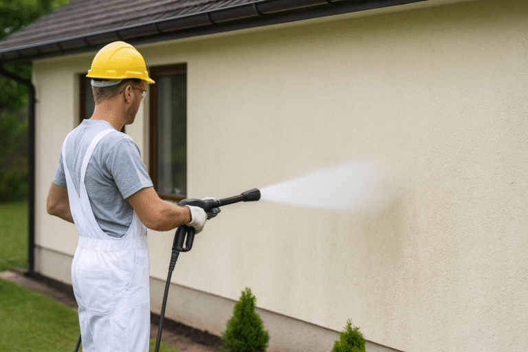Homme nettoyant un mur extérieur