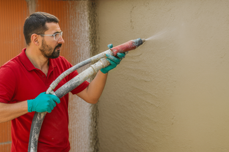 Homme pulvérisant de l’enduit projeté sur mur