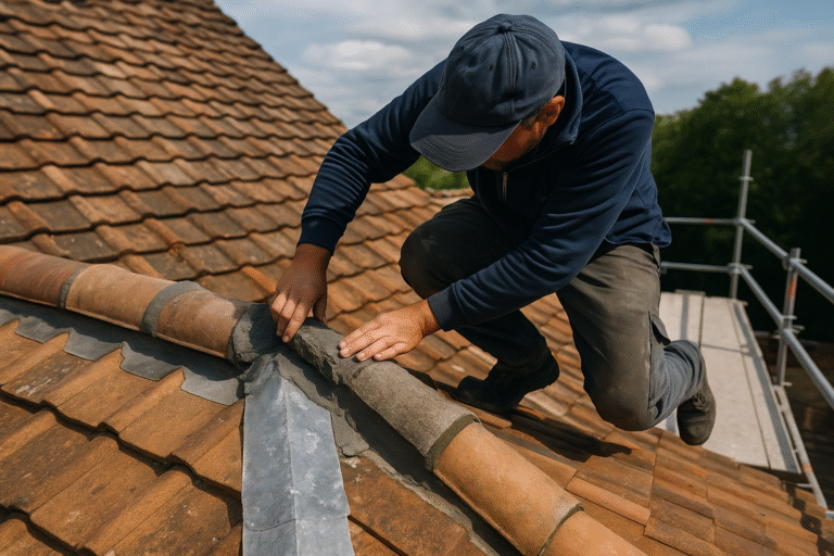 Ouvrier répare une toiture en tuiles.